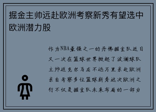 掘金主帅远赴欧洲考察新秀有望选中欧洲潜力股